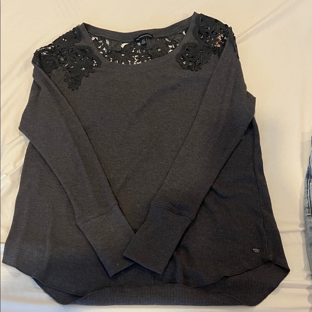 American Eagle Outfitters Dark Gray Lace Detail Sweater